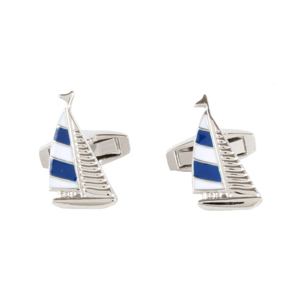 Blue and White Sailing Yacht Cufflinks - Leonard Silver - pair, front view