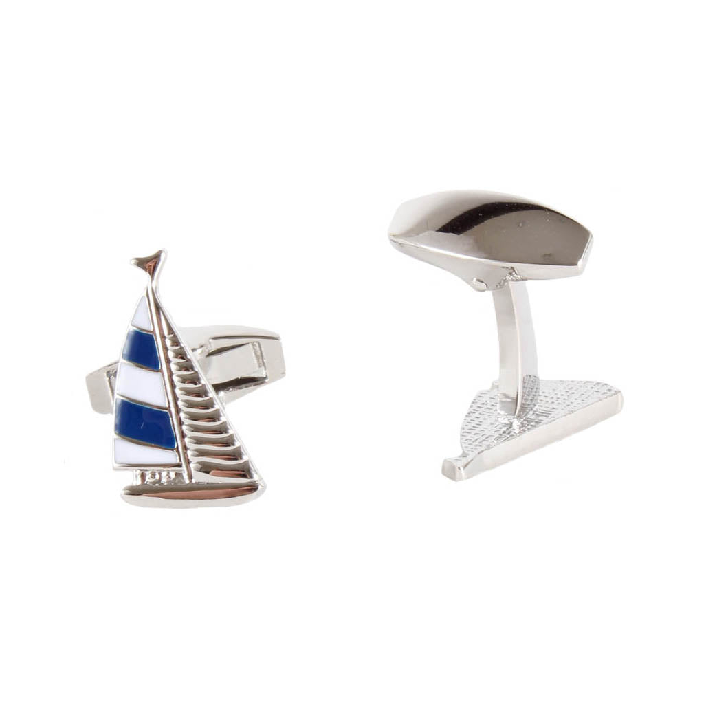 Blue and White Sailing Yacht Cufflinks - Leonard Silver - front and plain reverse