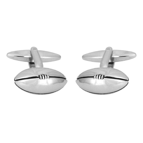Rugby Ball Rhodium Plated Cufflinks - Leonard Silver - pair shown front with fold-over backs