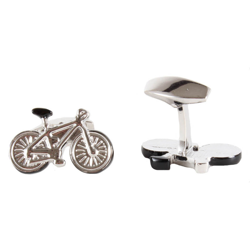 Silver Tone Bicycle Cufflinks With Black Detail - Leonard Silver - front and back view