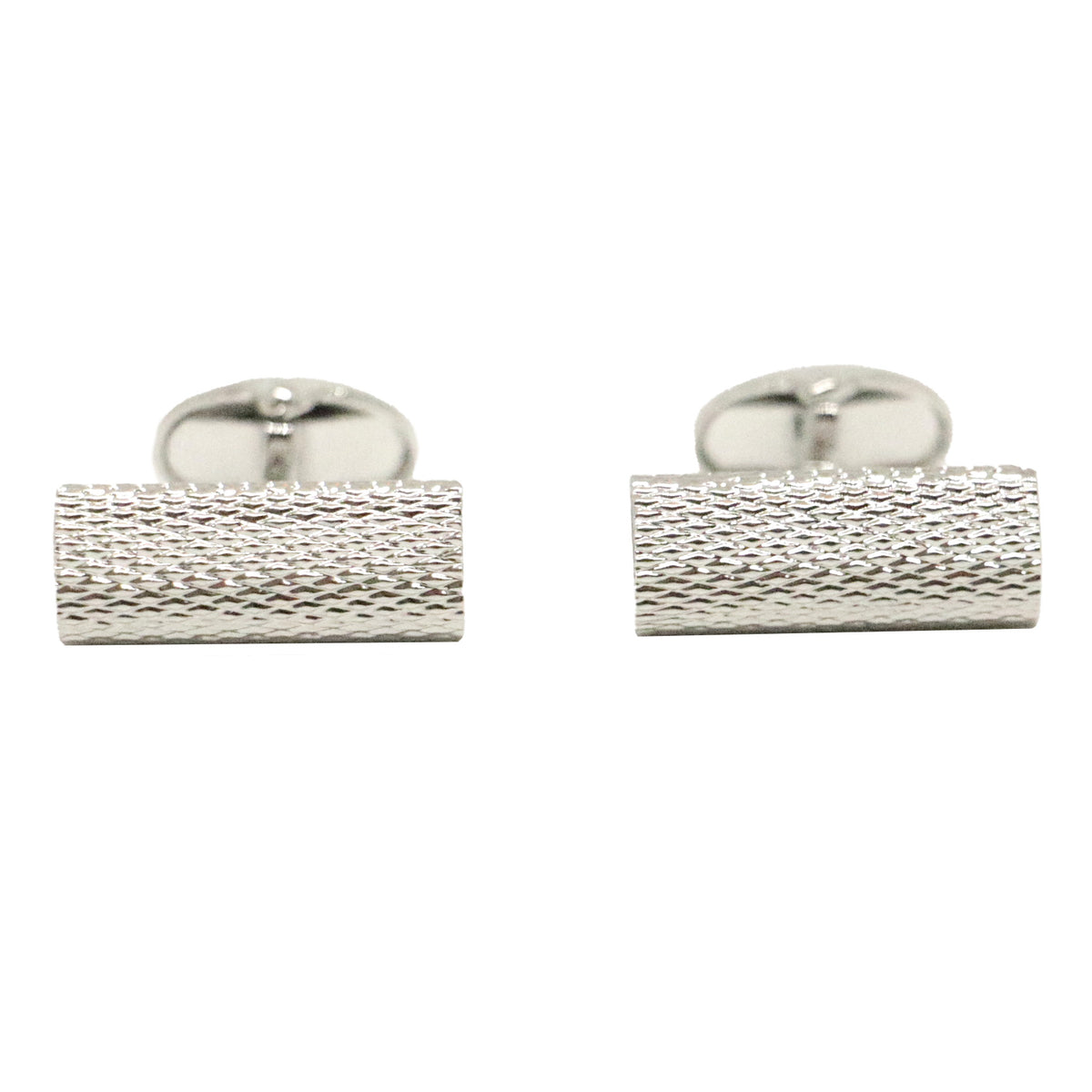 Textured Rhodium Plated Barrel Cufflinks - Leonard Silver - front view of pair
