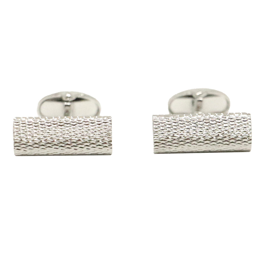 Textured Rhodium Plated Barrel Cufflinks - Leonard Silver - front view of pair