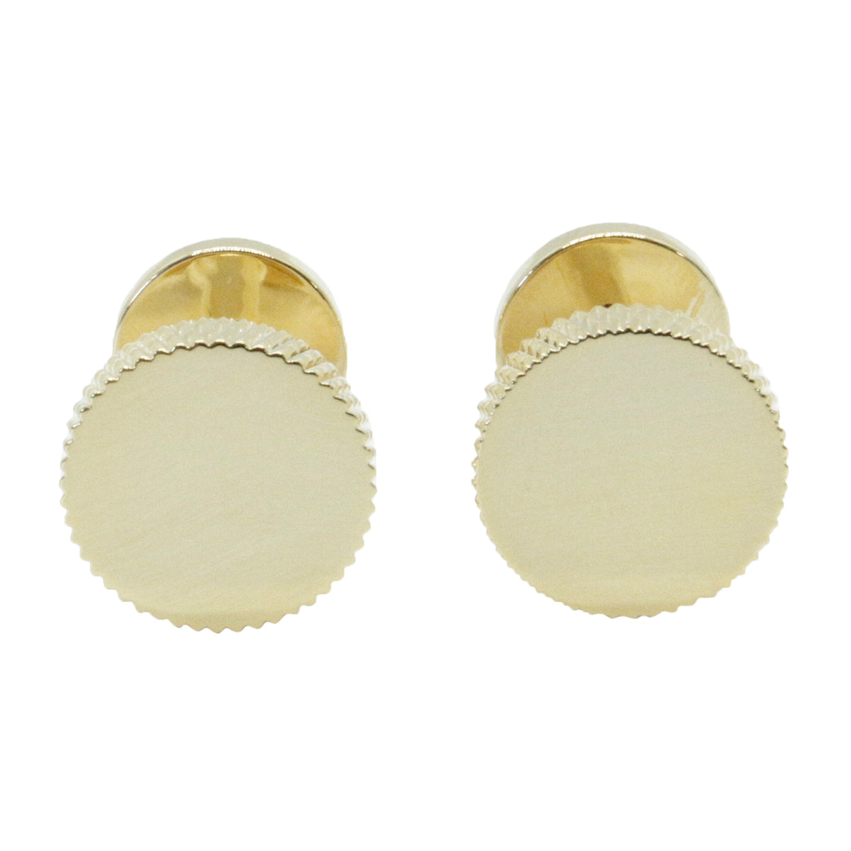 Gold Plated Round Ridged Edge Cufflinks - Leonard Silver - front and bar back