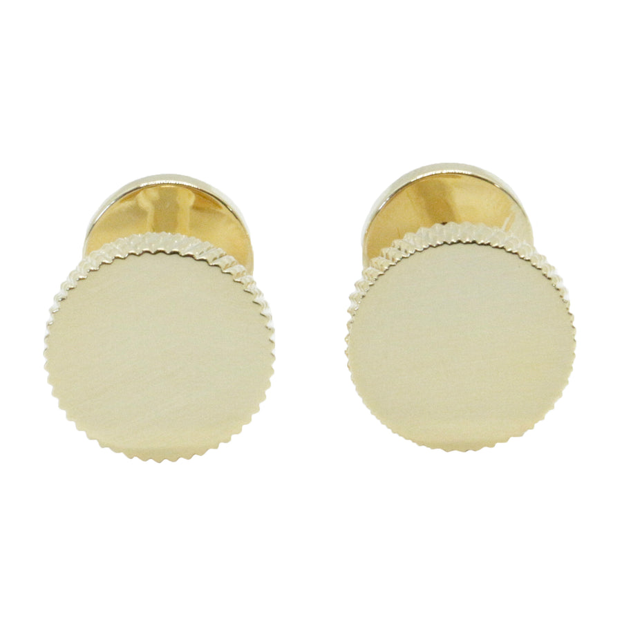 Gold Plated Round Ridged Edge Cufflinks - Leonard Silver - front and bar back