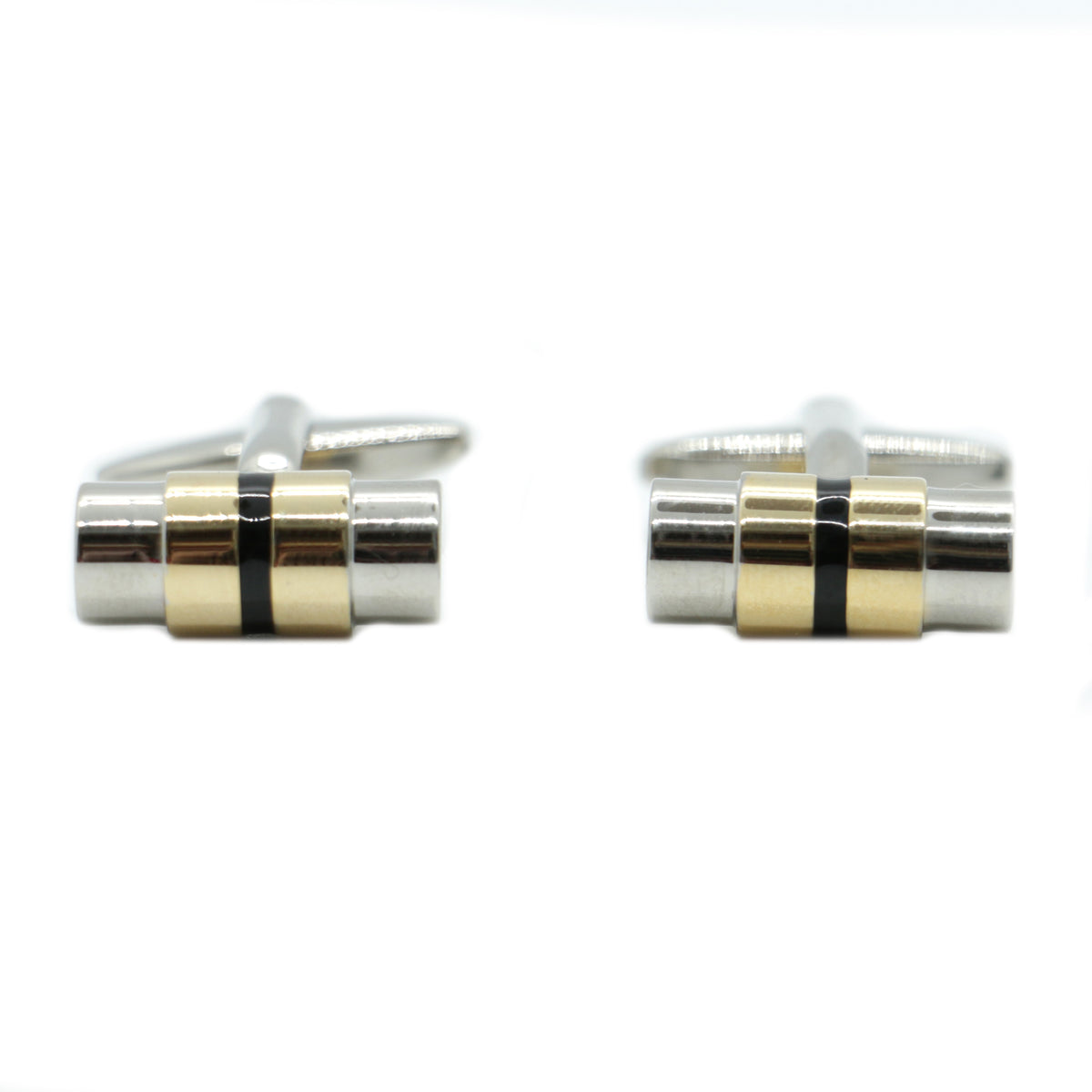 Black, Gold & Rhodium Barrel Cufflinks - Leonard Silver - front view of pair
