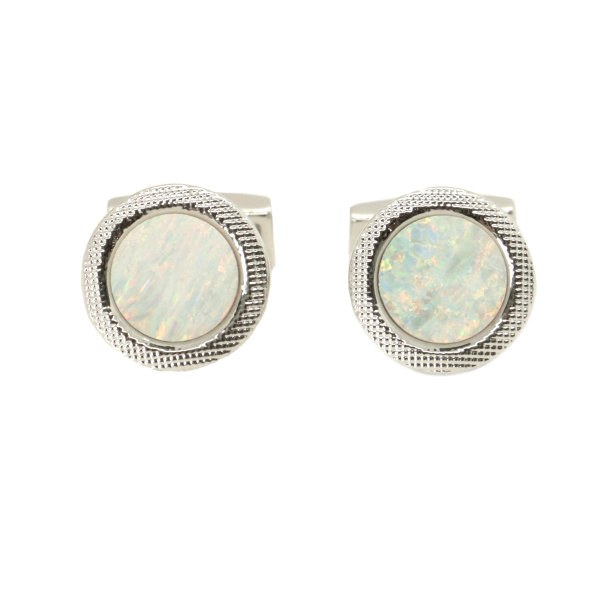 Synthetic Opal Round Rhodium Cufflinks - Leonard Silver - front view of pair