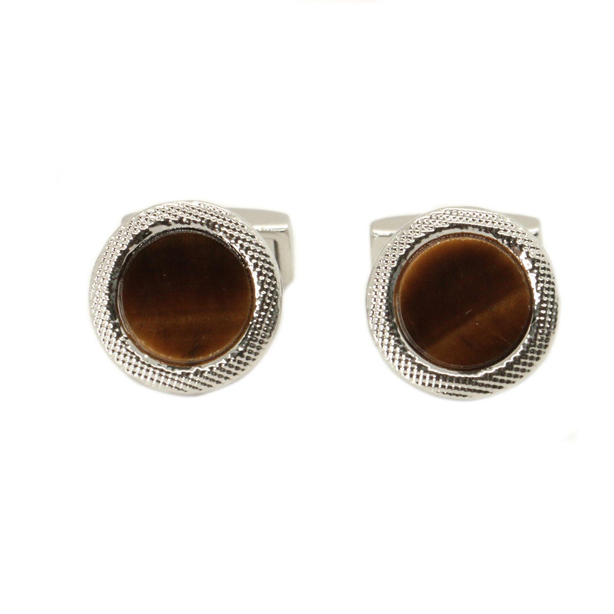 Tiger Eye Round Rhodium Cufflinks - Leonard Silver - front pair