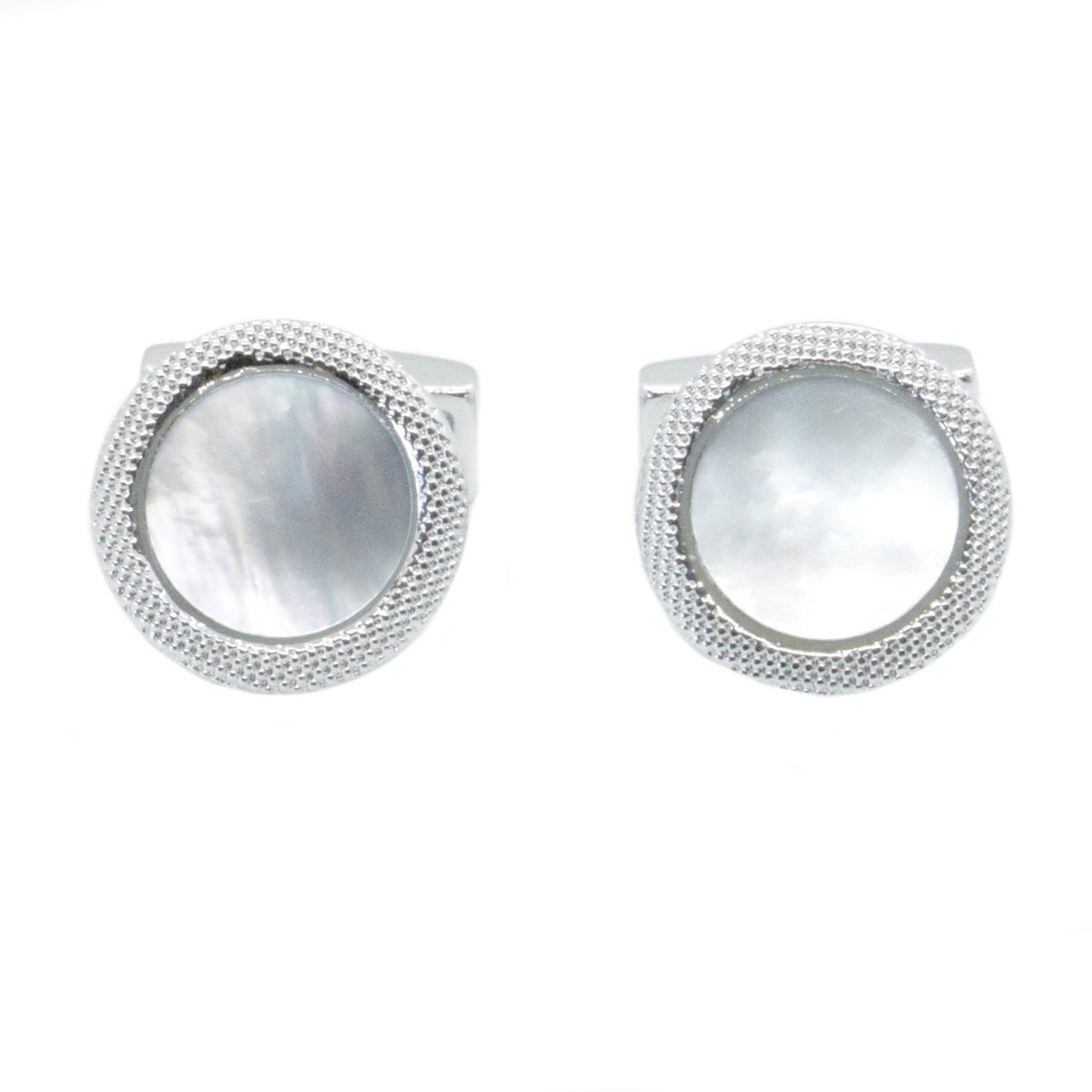 Mother of Pearl Round Textured Edge Rhodium Cufflinks - Leonard Silver - front view of pair