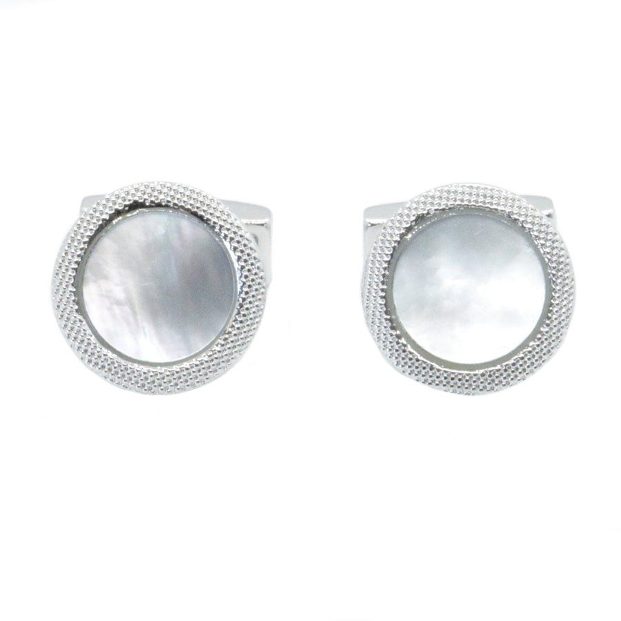 Mother of Pearl Round Textured Edge Rhodium Cufflinks - Leonard Silver - front view of pair