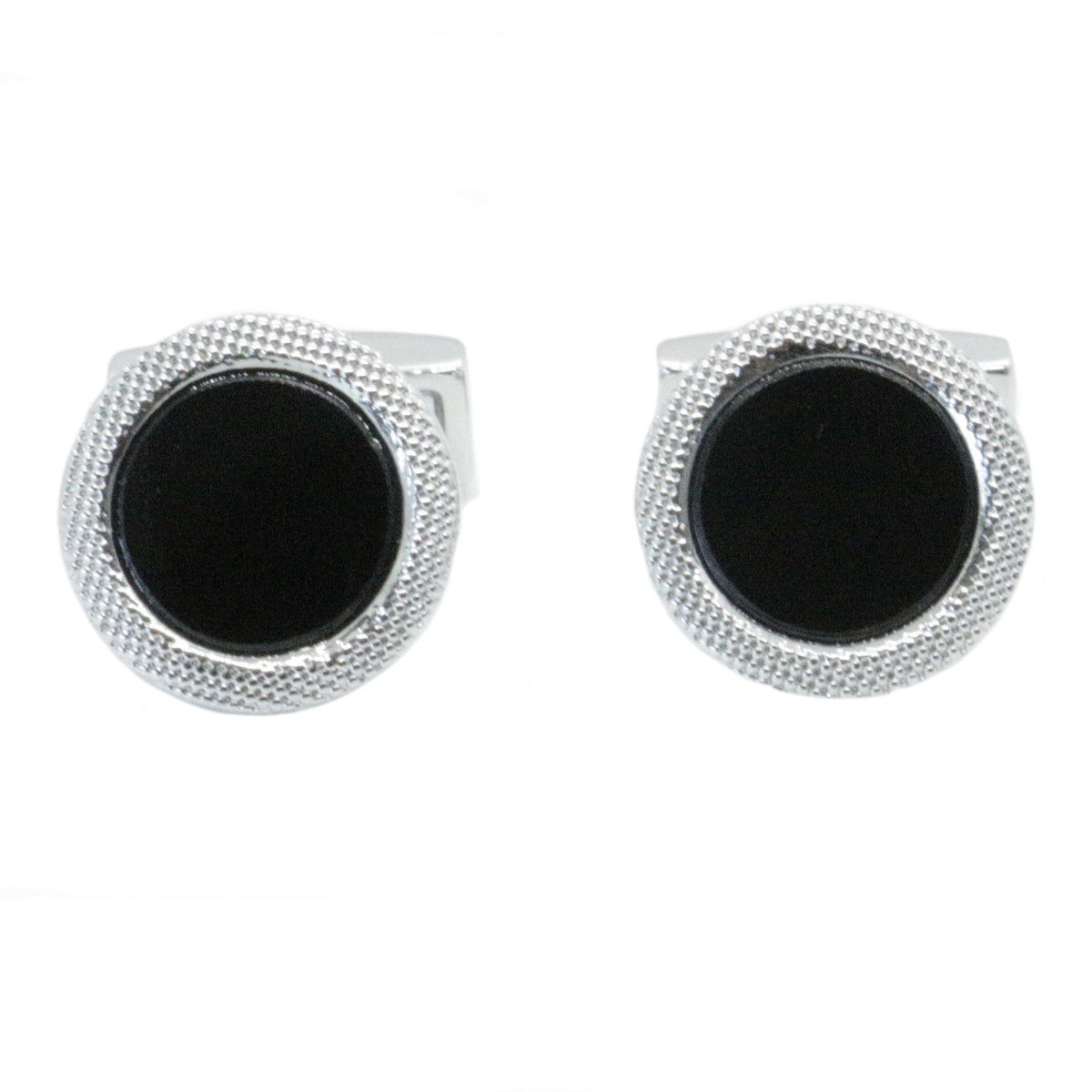 Black Onyx Round Chequered Edge Rhodium Cufflinks - Leonard Silver - front
