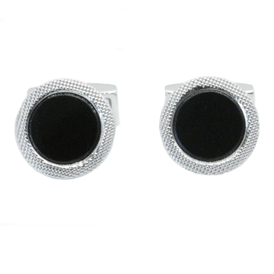 Black Onyx Round Chequered Edge Rhodium Cufflinks - Leonard Silver - front