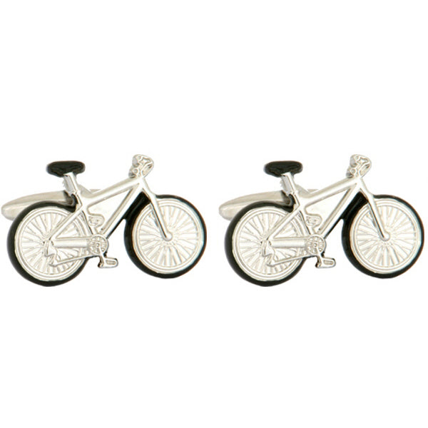 Bicycle Rhodium Plated Cufflinks with Black Trim - Leonard Silver - pair shown front on