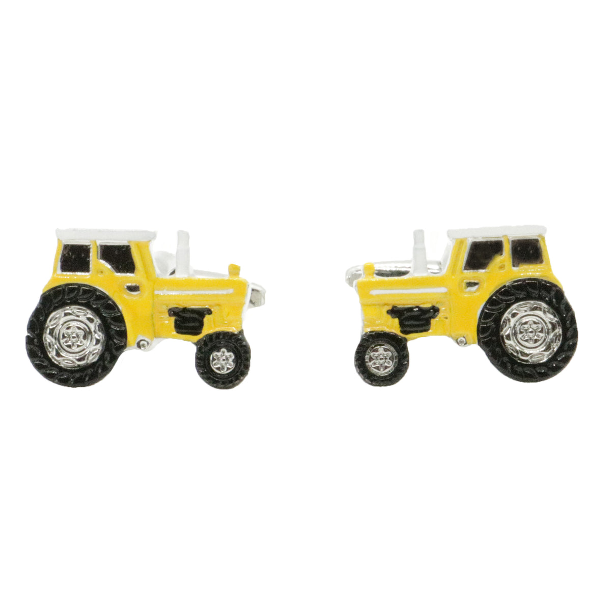 Yellow Tractor Cufflinks in Rhodium Plate - Leonard Silver - pair shown side-on