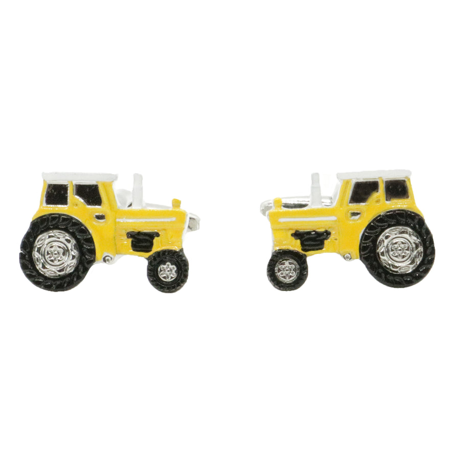 Yellow Tractor Cufflinks in Rhodium Plate - Leonard Silver - pair shown side-on
