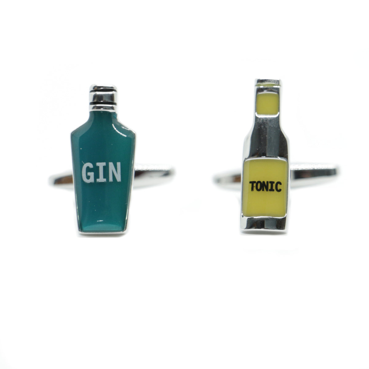 Gin & Tonic Bottle Novelty Cufflinks - Leonard Silver - front view of both links