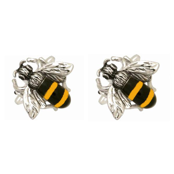 Hand Painted Bee Rhodium Plated Cufflinks - Leonard Silver - pair shown front on