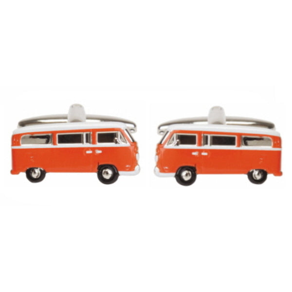 Orange Campervan Rhodium Plated Cufflinks - Leonard Silver - side view of both cufflinks
