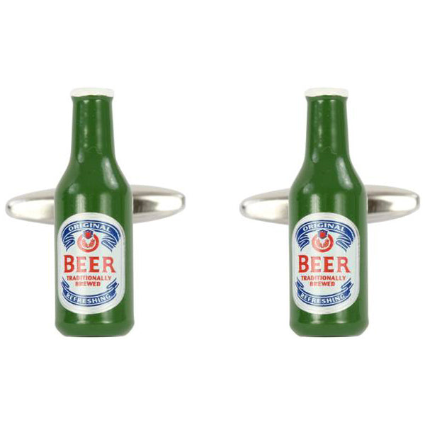 Green Beer Bottle Cufflinks - Leonard Silver - pair shown side by side