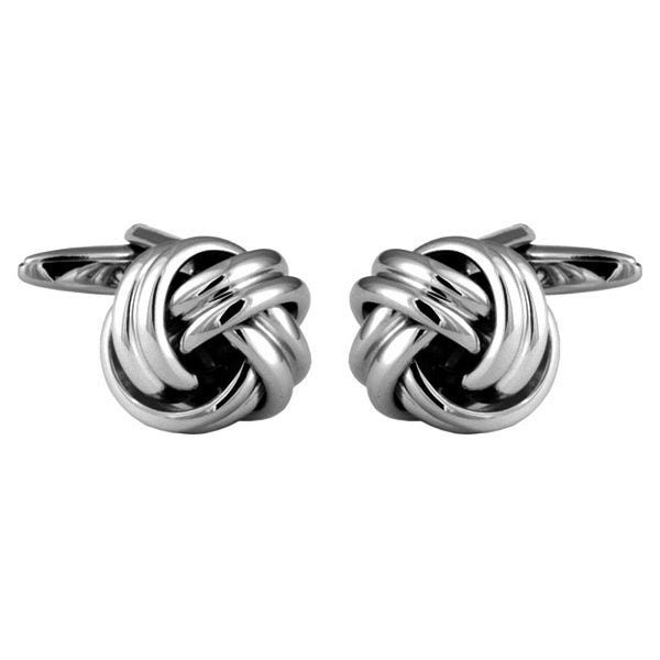 Double Cord Rhodium Plated Knot Cufflinks - Leonard Silver - pair shown front on