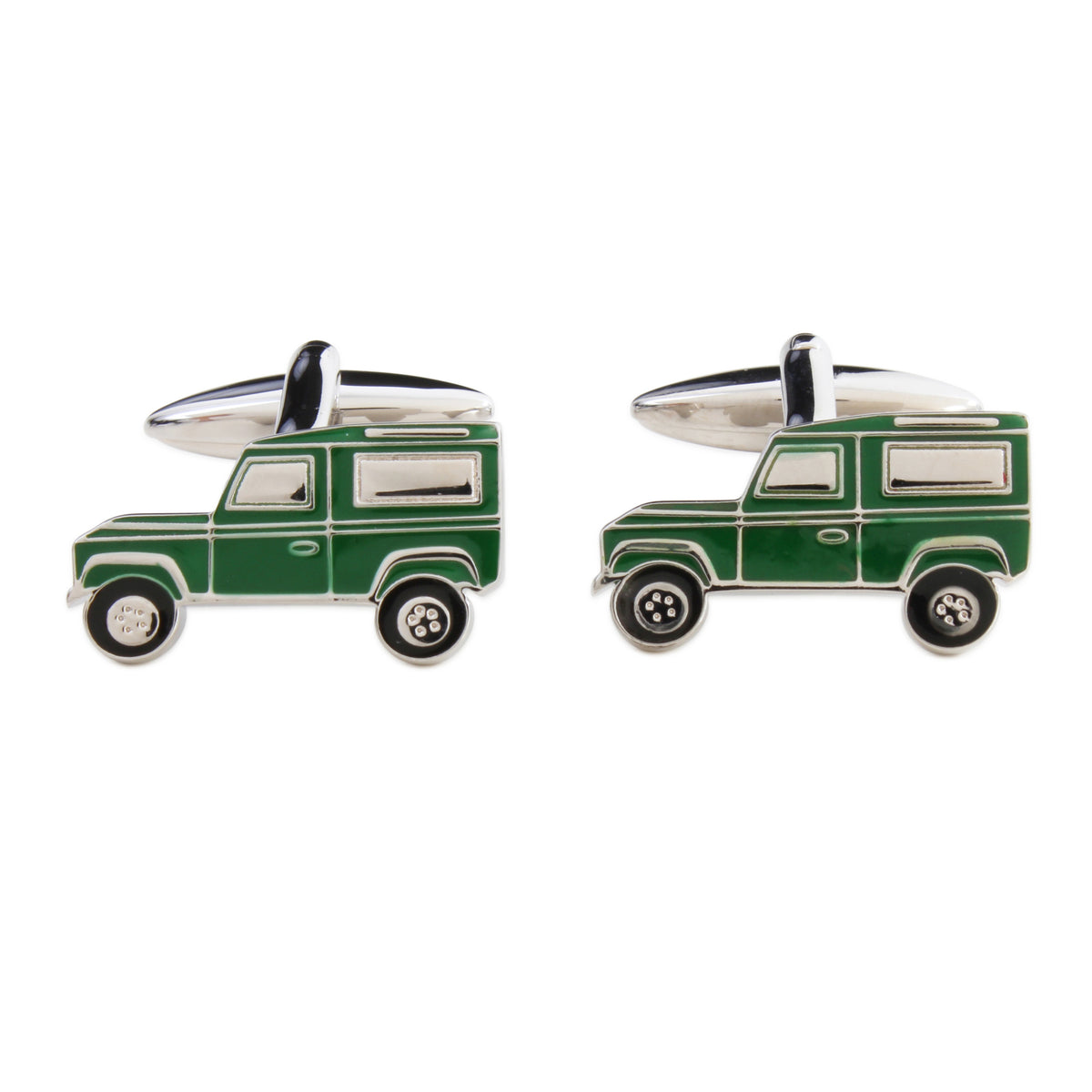Green 4x4 Off-Road Vehicle Cufflinks, Rhodium Plated - Leonard Silver - pair shown with swivel bar backs