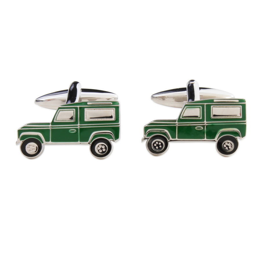 Green 4x4 Off-Road Vehicle Cufflinks, Rhodium Plated - Leonard Silver - pair shown with swivel bar backs