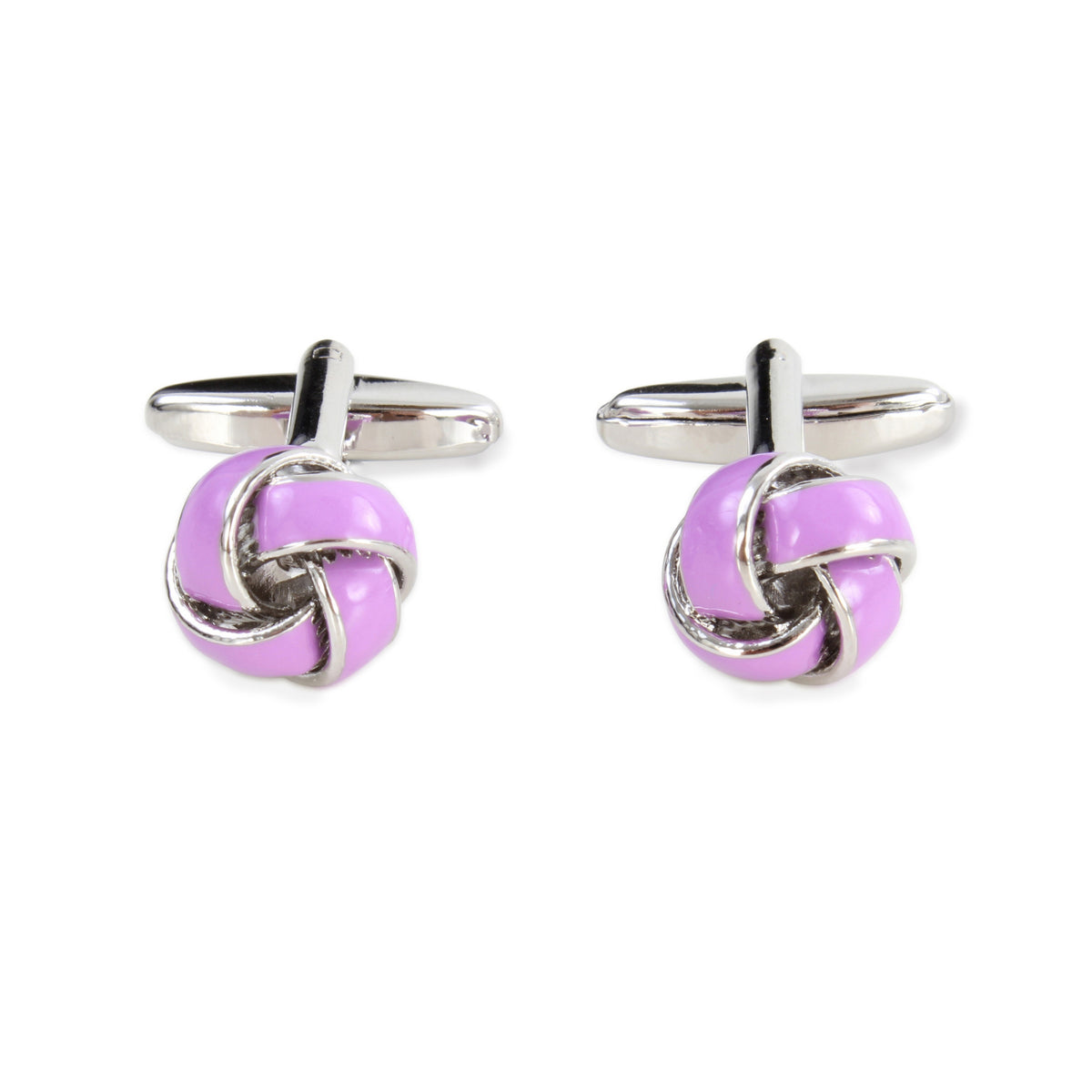 Purple Knot Cufflinks - Leonard Silver - front view showing knot head and bar fitting