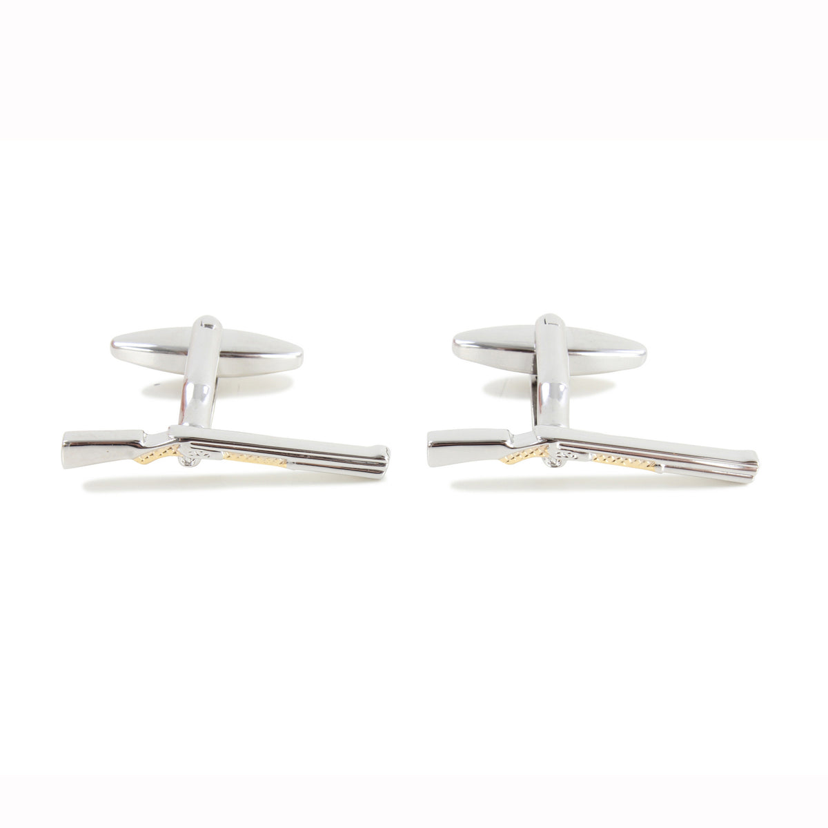 Two Tone Shotgun Cufflinks, Rhodium And Gold Plate - Leonard Silver - pair shown front with bar fittings