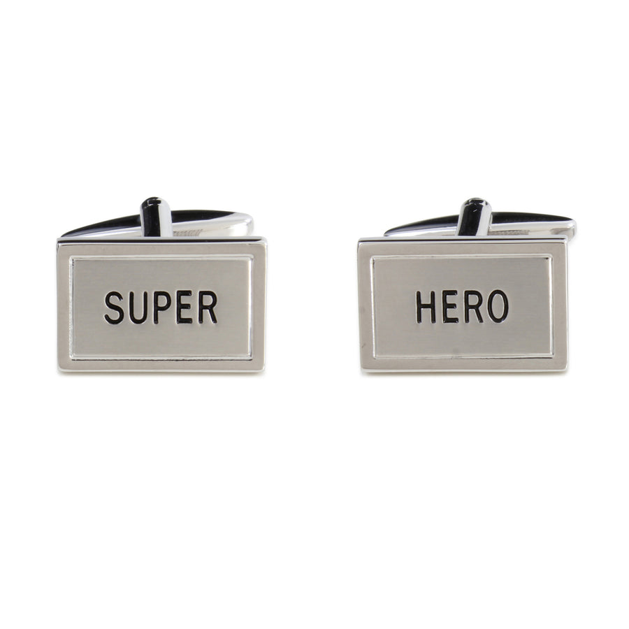 Super Hero Brushed Rhodium Plated Cufflinks - Leonard Silver - front view of pair