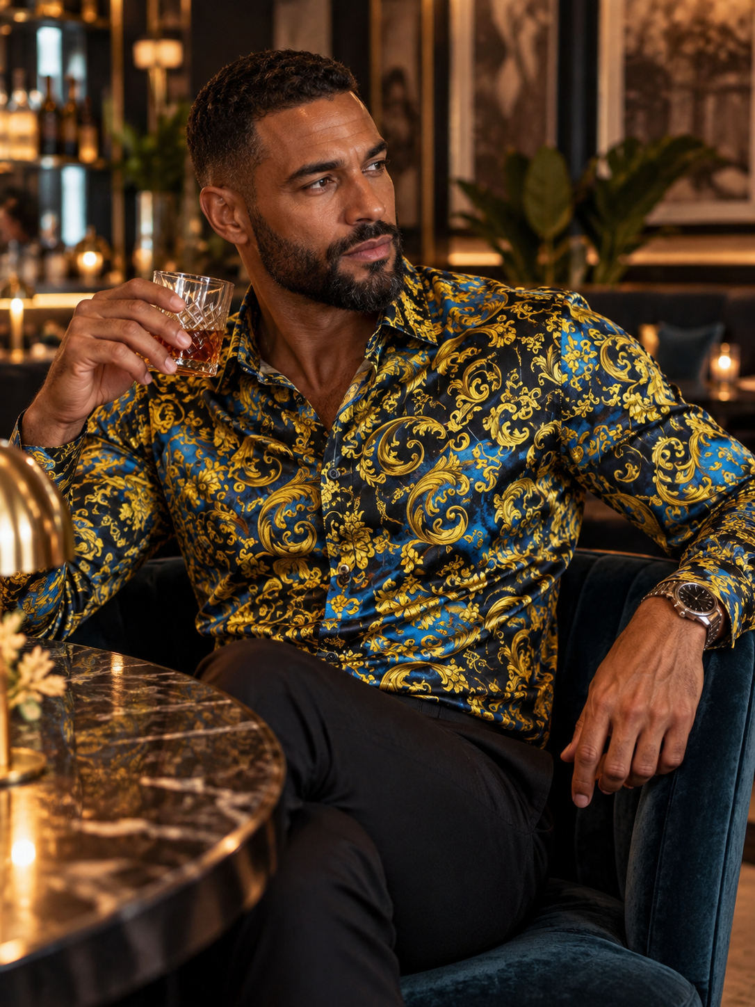 Floral Gold on Blue Shirt