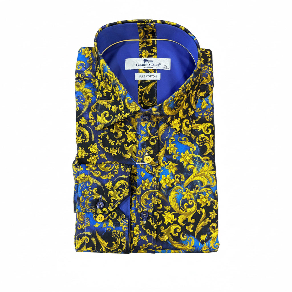 Floral Gold on Blue Shirt