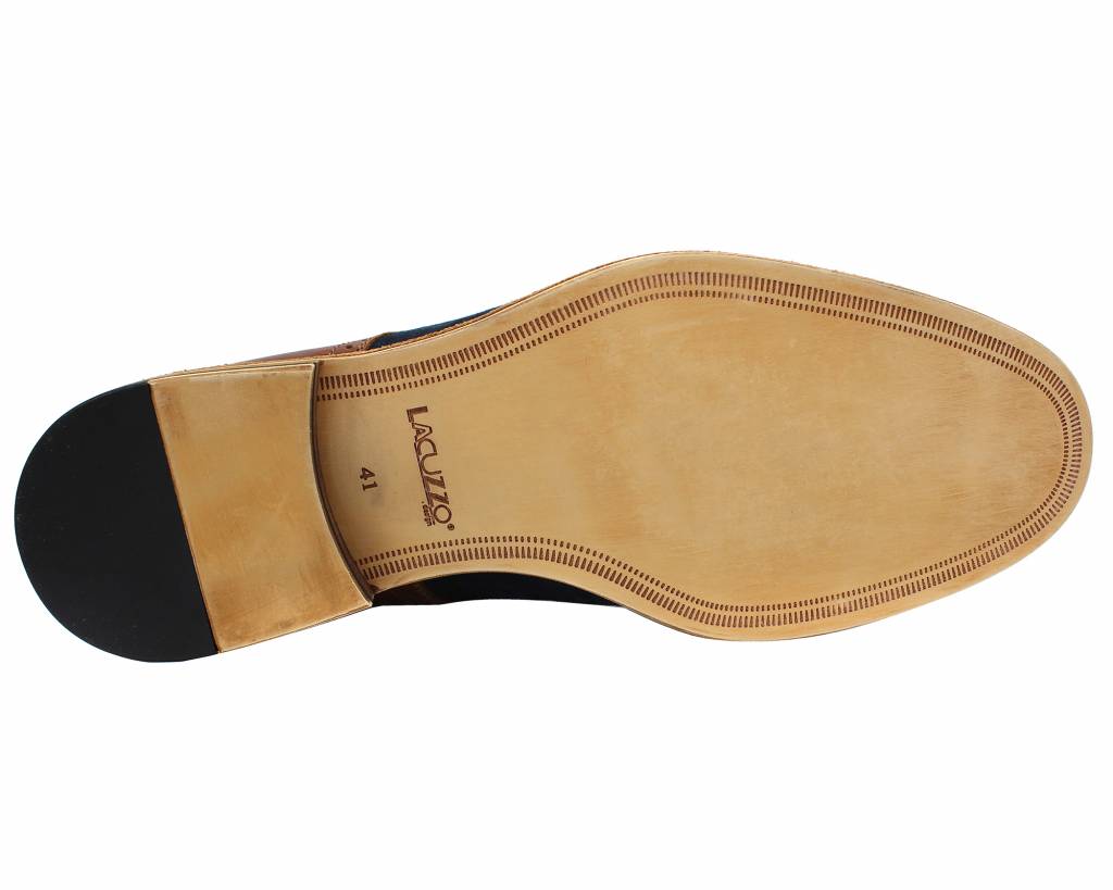 Underside of the navy and brown derby shoe with Lacuzzo stamp and black heel tip
