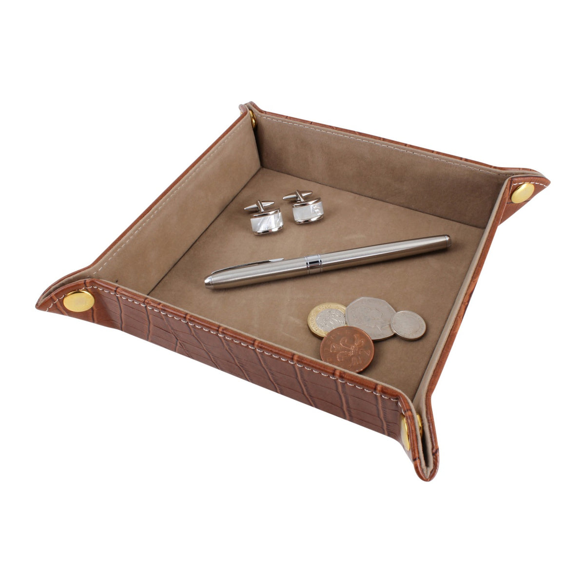 Brown Crock Leatherette Valet Tray - Leonard Silver - angled view of lined interior
