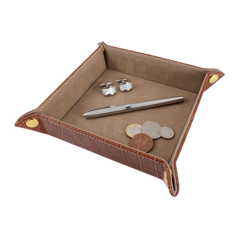 Brown Crock Leatherette Valet Tray - Leonard Silver - angled view of lined interior