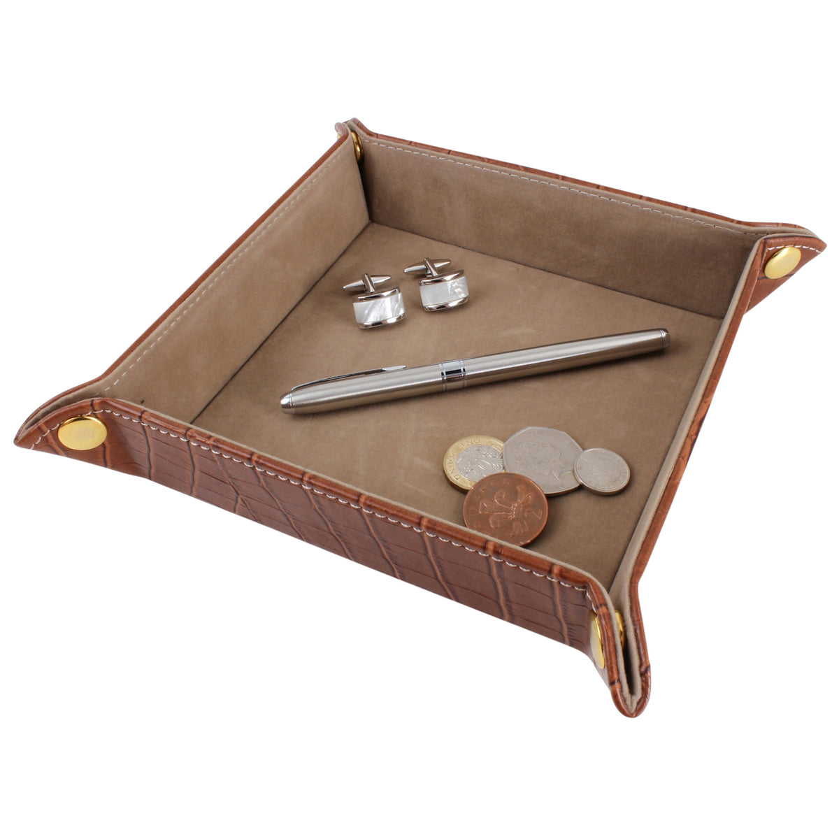 Brown Crock Leatherette Valet Tray - Leonard Silver - shown with cufflinks, pen and coins