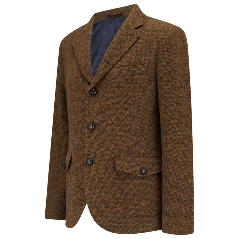Allenby wool tweed blazer in Brown, front flat lay with three buttons and quilted lining at the chest