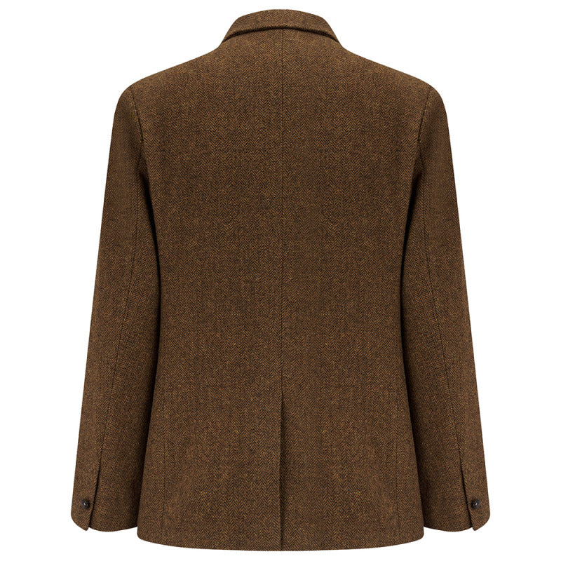 Back of the Allenby tweed blazer in Brown, flat lay showing the single vent and cuff buttons