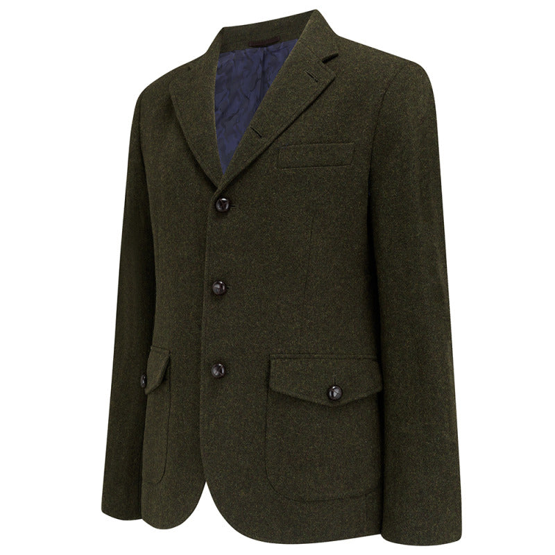 Allenby wool tweed blazer in Green, front flat lay showing flap pockets and quilted lining