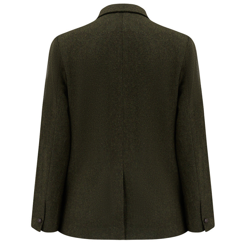 Back of the Allenby tweed blazer in Green, flat lay with single vent