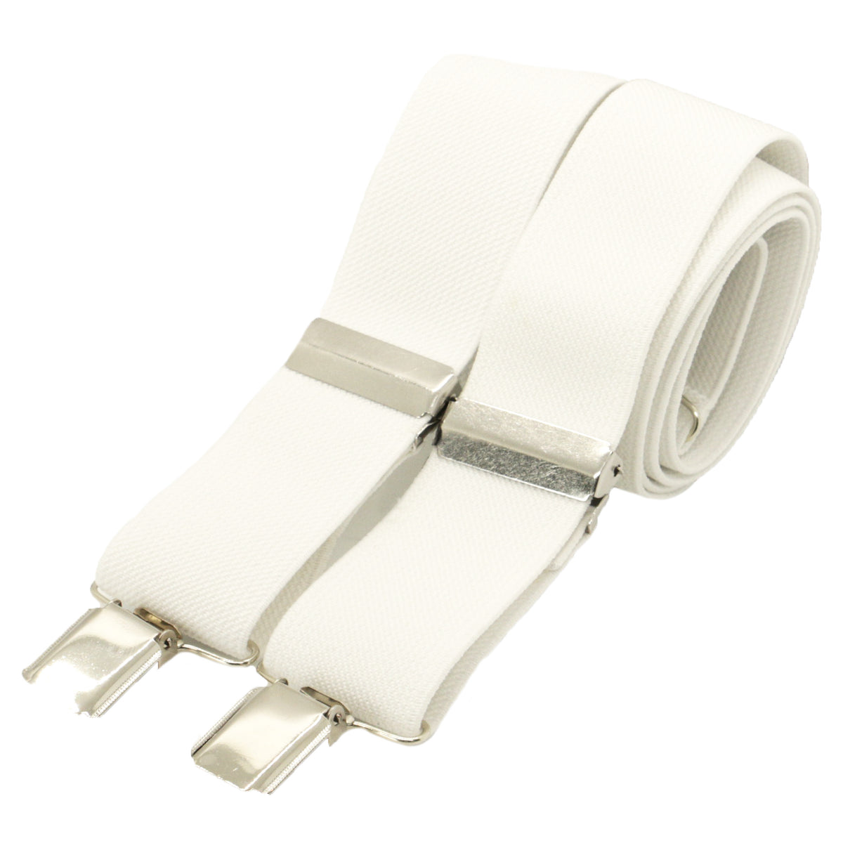 White 35mm X-Back Braces With Silver Clips - Leonard Silver - rolled, showing clips and metal backs