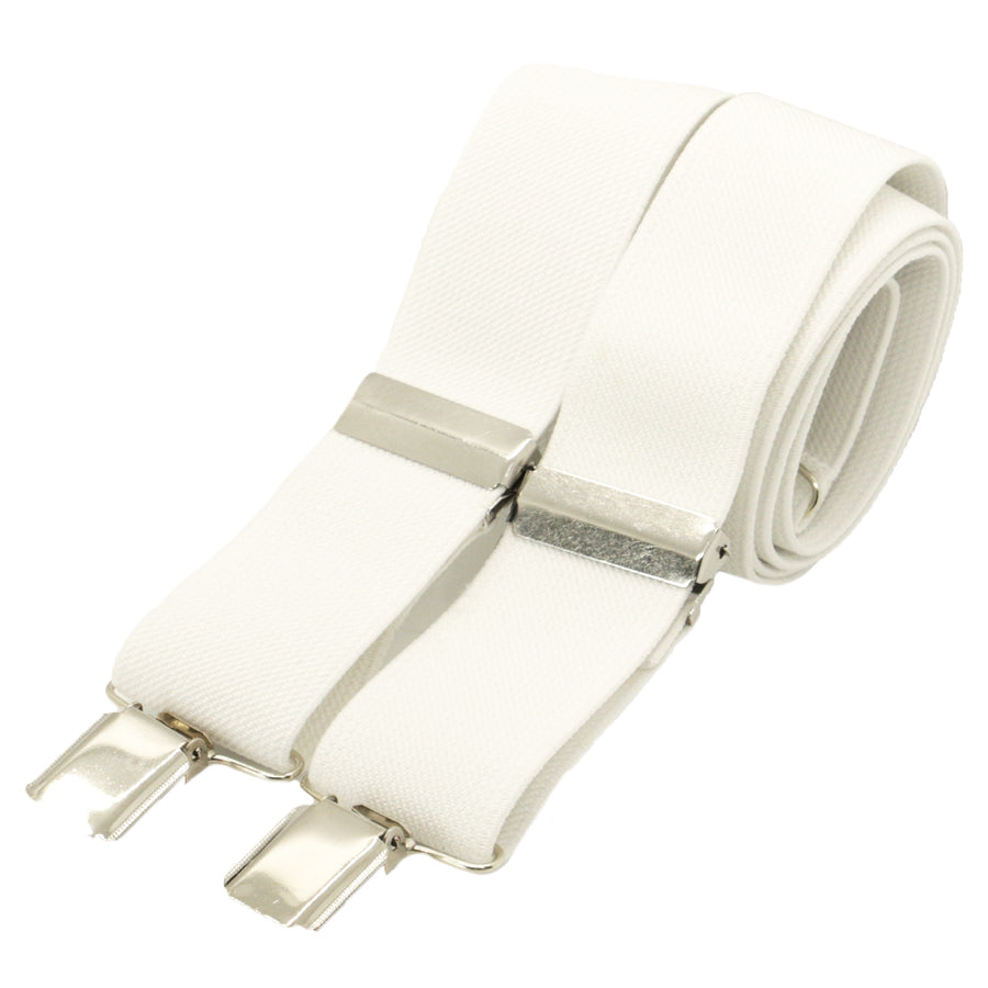 White 35mm X-Back Braces With Silver Clips - Leonard Silver - rolled, showing clips and metal backs