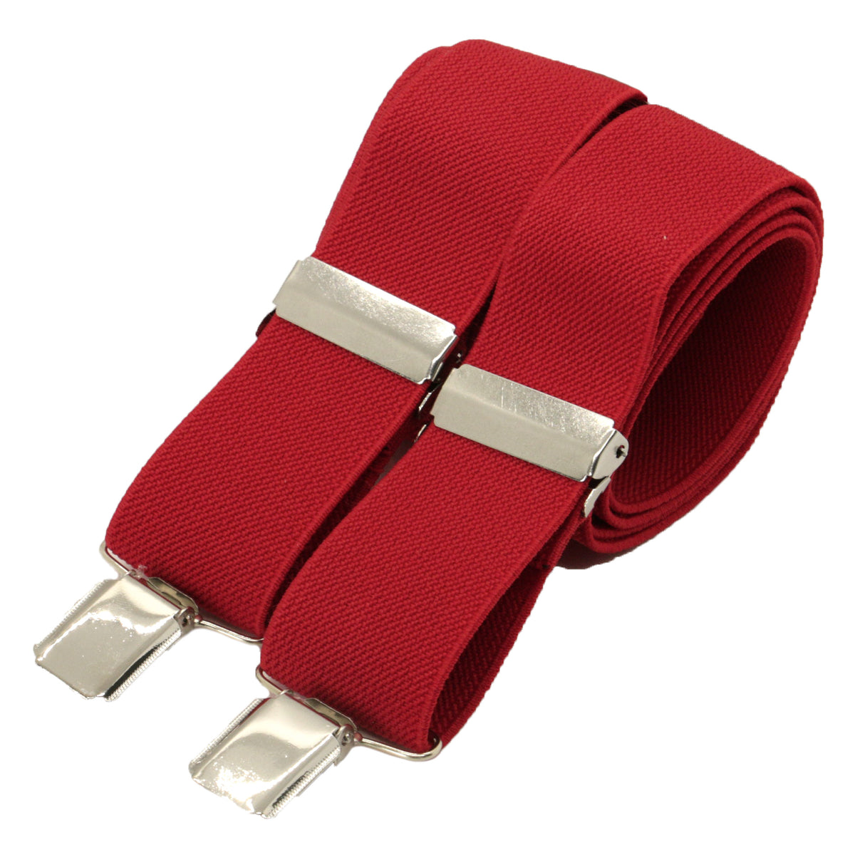 Red Plain 35mm Braces With Silver Clips - Leonard Silver - rolled, showing clips and X back