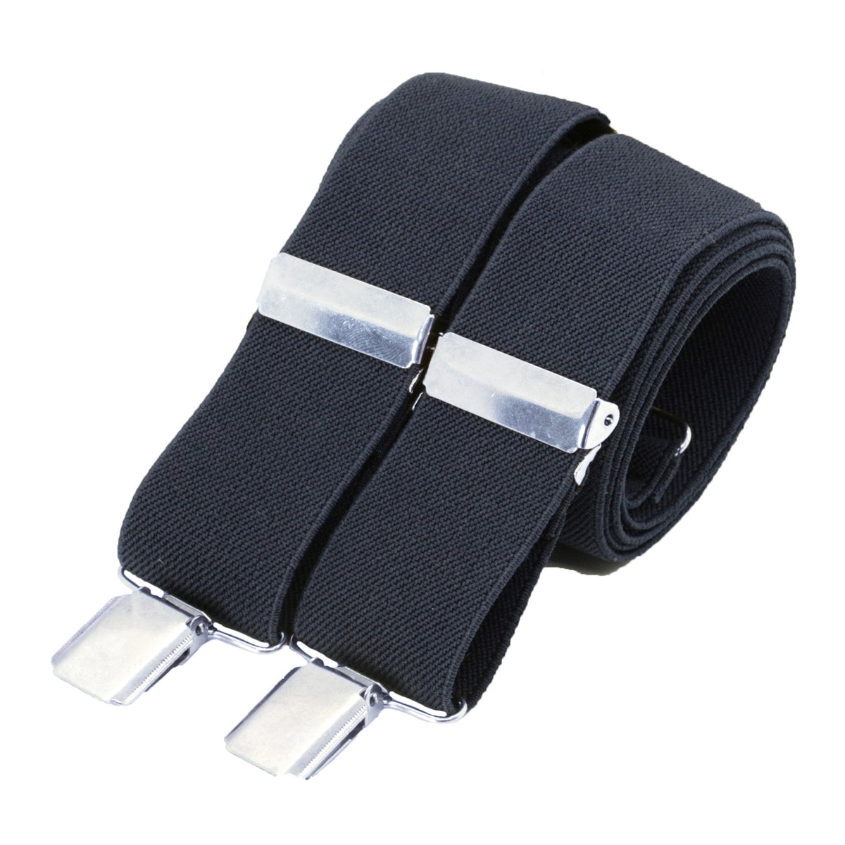 Navy Blue 35mm Silver Clip Braces - Leonard Silver - rolled, showing silver clips