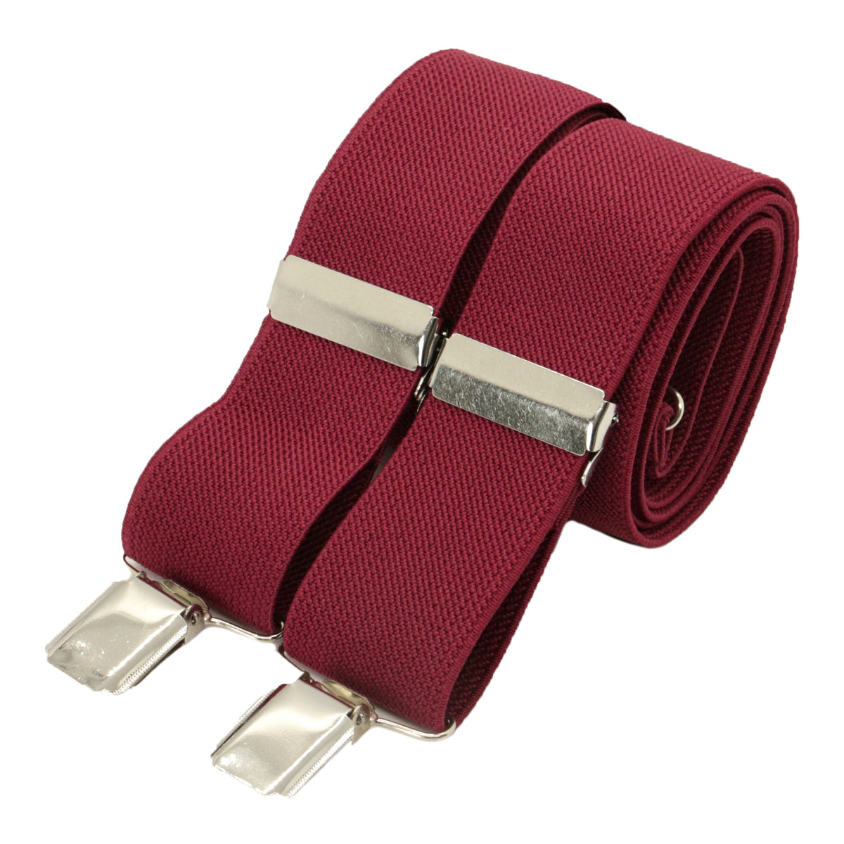 Burgundy 35mm Silver Clip Braces - Leonard Silver - rolled, showing clips and metal backs