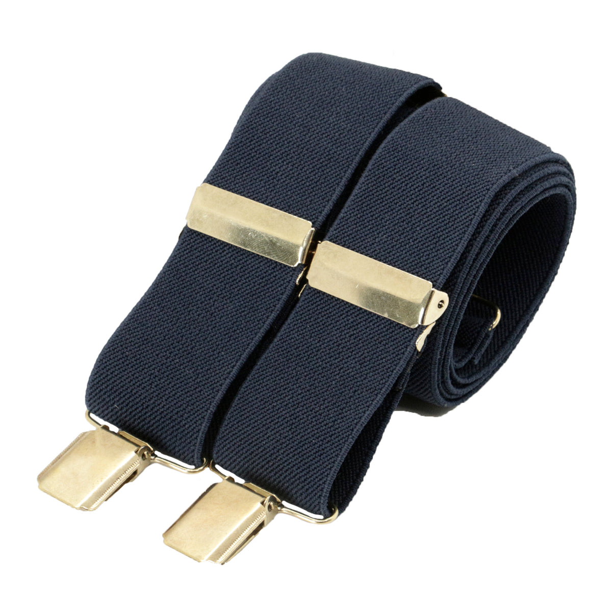 Navy 35mm Gold Clip Braces - Leonard Silver - rolled, showing clips and X back