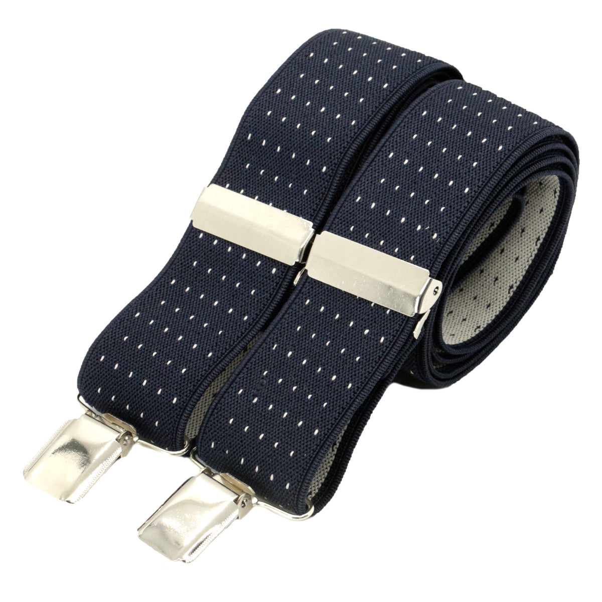 Navy Pin Dot 35mm Silver Clip Braces - Leonard Silver - rolled, showing clips and X back
