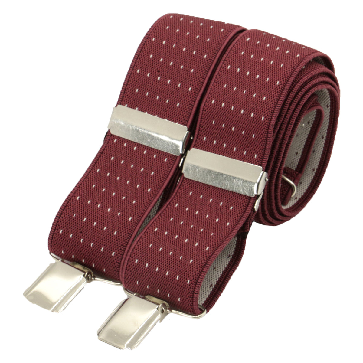 Burgundy Pin Dot 35mm Silver Clip Braces - Leonard Silver - rolled, showing clips and metal backs