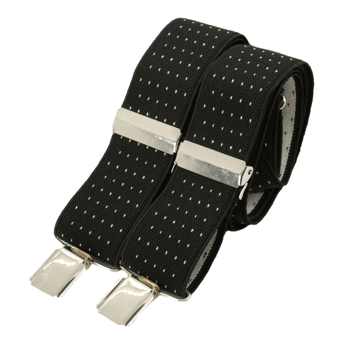 Black Pin Dot 35mm Silver Clip Braces - Leonard Silver - rolled, showing clips and adjusters