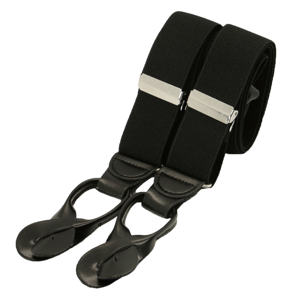 Black Rolled Leather End Braces - Leonard Silver - rolled leather ends and silver-toned adjusters