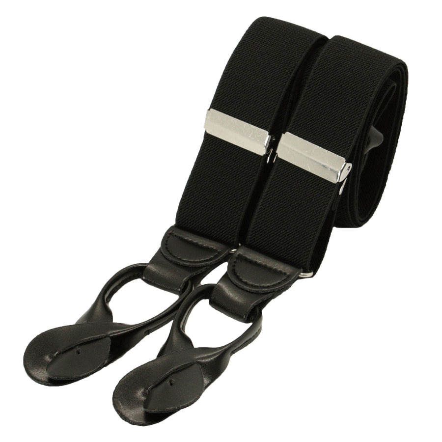 Black Rolled Leather End Braces - Leonard Silver - rolled leather ends and silver-toned adjusters