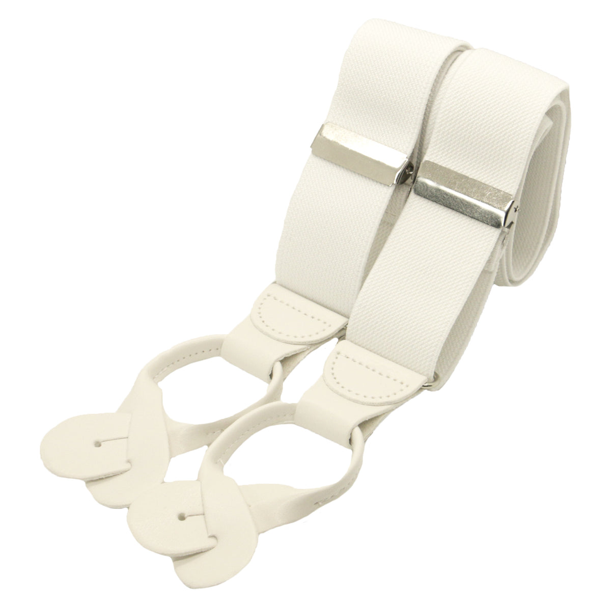 White Leather End Braces With X Back - Leonard Silver - rolled leather button ends and metal adjusters